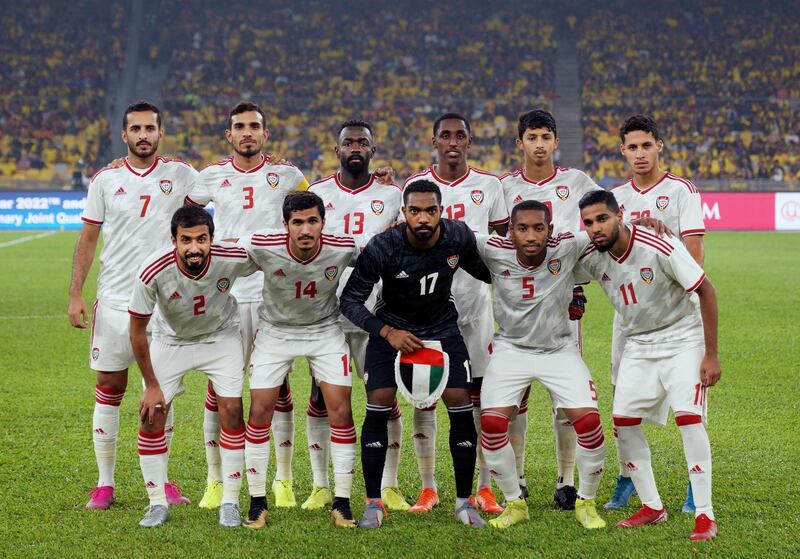 UAE's starting XI line-up before their World Cup qualifying match against Malaysia in Kuala Lumpur. AP