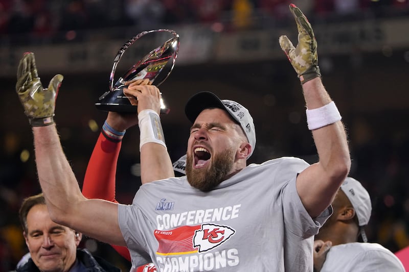 Kansas City Chiefs tight end Travis Kelce celebrates after the NFL AFC Championship playoff football game against the Cincinnati Bengals. The Chiefs won 23-20. AP Photo