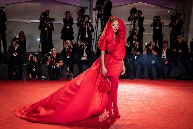 Tessa Thompson opted for a hooded, all red look by Lebanese designer Elie Saab for the premiere of the film 'Bardo'. AP