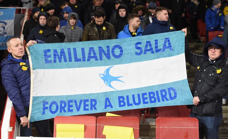 epa07330615 Cardiff City supporters display tributes for Argentinian soccer player Emiliano Sala, who went missing on 21 January 2019 after a light aicraft he was travelling in from Nantes in France to Cardiff disapeared over the English Channel, during the English Premier League soccer match between Arsenal and Cardiff City at the Emirates stadium in London, Britain, 29 January 2019.  EPA/FACUNDO ARRIZABALAGA EDITORIAL USE ONLY. No use with unauthorized audio, video, data, fixture lists, club/league logos or 'live' services. Online in-match use limited to 120 images, no video emulation. No use in betting, games or single club/league/player publications