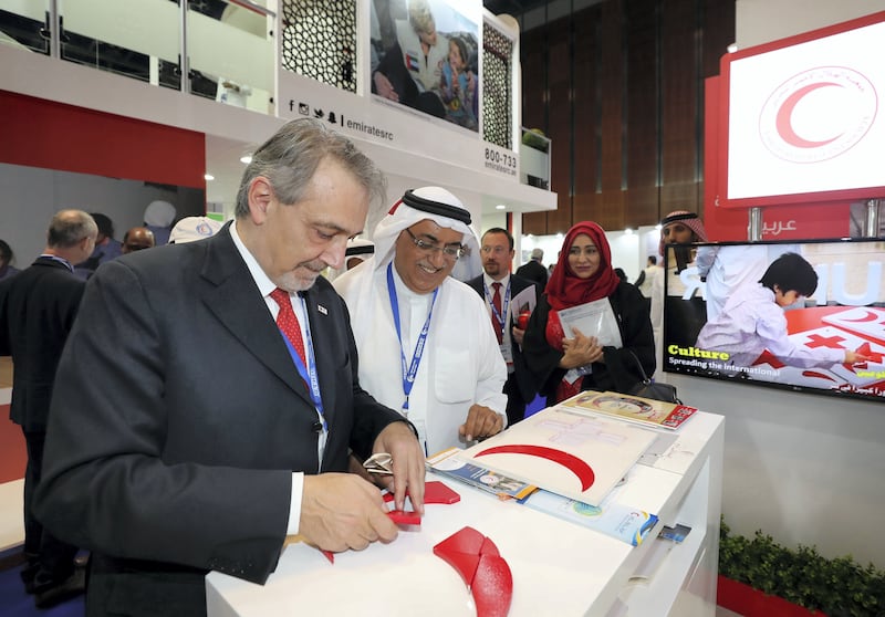 Dubai, United Arab Emirates - March 12, 2019: Francesco Rocca (L) president of international federation of Red Cross and red crescent societyÕs at the Dubai International Humanitarian Aid and Development (DIHAD) Conference. Tuesday the 12th of March 2019 at Dubai International Convention Centre, Dubai. Chris Whiteoak / The National
