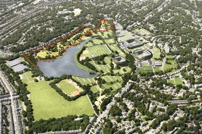 An artist's impression of the future Wimbledon site. The two stadiums on the right are the centrepieces of the current grounds. To the left is the public Wimbledon Park, whose lake would be redesigned under the expansion plans. Marked in red is the site of the golf course acquired by the club in 2018. The planned third show court is the one nearest the lake. Photo: All England Lawn Tennis and Croquet Club