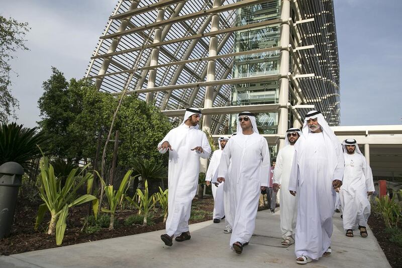 Sheikh Hazza bin Zayed, National Security Adviser and vice chairman of the Abu Dhabi Executive Council, visits the Mushrif Central Park with Sheikh Nahyan bin Mubarak, Minister for Culture, Youth and Community Development, and Sultan Khalfan Alktebi, vice chairman of Al Ain Holding. Silvia Razgova / The National