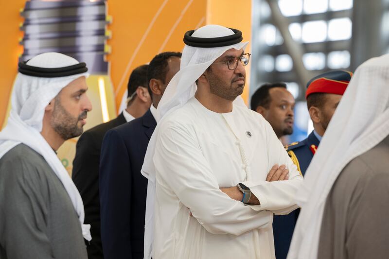 Sheikh Mohammed bin Hamad, private affairs adviser at the Presidential Court, and Dr Sultan Al Jaber, Minister of Industry and Advanced Technology, group chief executive of Adnoc and chairman of Masdar, attend the exhibition