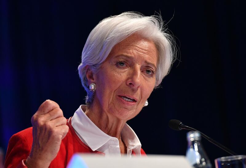 (FILES) In this file photo taken on April 11, 2019, International Monetary Fund (IMF) Managing Director Christine Lagarde speaks during a press conference during the IMF - World Bank Spring Meetings at  IMF Headquarters in Washington, DC.  The IMF plans to select a new leader to replace Christine Lagarde at the global crisis lender by October 4, the IMF board announced on July 26, 2019. That would mean a new managing director will be in place in time for the IMF annual meeting in mid-October. / AFP / MANDEL NGAN
