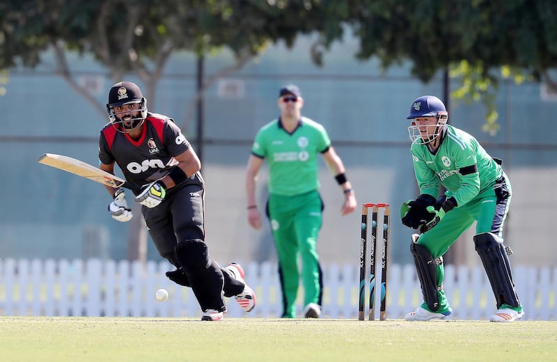 DUBAI , UNITED ARAB EMIRATES , JAN 11 – 2018 :- Rameez Shahzad of UAE playing a shot during the one day international cricket match between UAE vs Ireland held at ICC Academy in Dubai Sports City in Dubai. He scored 75 runs in this match. (Pawan Singh / The National) For Sports. Story by Paul Radley
