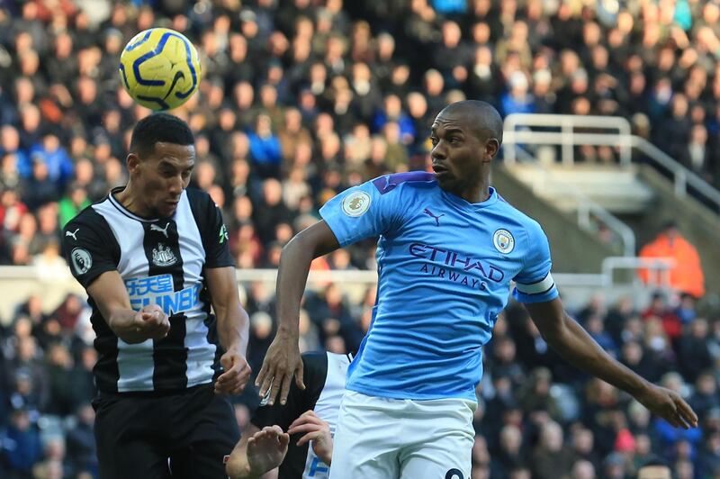 Newcastle United's English midfielder Isaac Hayden (L) vies with Manchester City's Brazilian midfielder Fernandinho during the English Premier League football match between Newcastle United and Manchester City at St James' Park in Newcastle-upon-Tyne, north east England on November 30, 2019. RESTRICTED TO EDITORIAL USE. No use with unauthorized audio, video, data, fixture lists, club/league logos or 'live' services. Online in-match use limited to 120 images. An additional 40 images may be used in extra time. No video emulation. Social media in-match use limited to 120 images. An additional 40 images may be used in extra time. No use in betting publications, games or single club/league/player publications.
 / AFP / Lindsey Parnaby / RESTRICTED TO EDITORIAL USE. No use with unauthorized audio, video, data, fixture lists, club/league logos or 'live' services. Online in-match use limited to 120 images. An additional 40 images may be used in extra time. No video emulation. Social media in-match use limited to 120 images. An additional 40 images may be used in extra time. No use in betting publications, games or single club/league/player publications.

