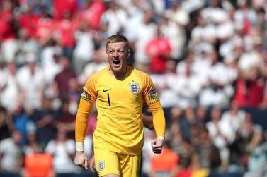 England goalkeeper Jordan Pickford reacts at the end their Uefa Nations League third-place play-off win against Switzerland. Luis Vieira / AP Photo