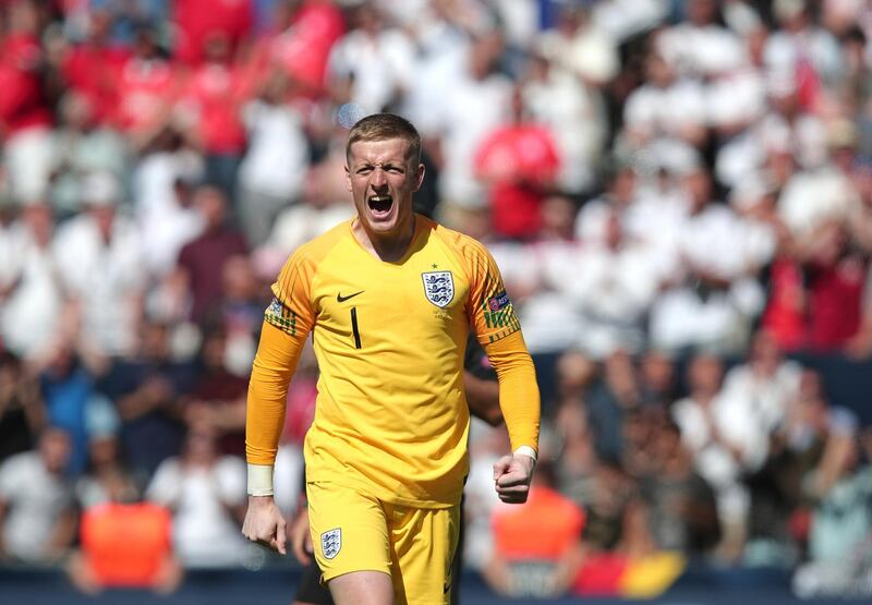 England goalkeeper Jordan Pickford reacts at the end the UEFA Nations League third place soccer match between Switzerland and England at the D. Afonso Henriques stadium in Guimaraes, Portugal, Sunday, June 9, 2019. (AP Photo/Luis Vieira)