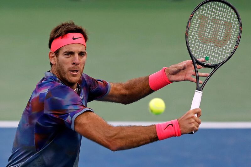 Juan Martin del Potro, of Argentina, hits a return shot to Dominic Thiem, of Austria, during the fourth round of the U.S. Open tennis tournament, Monday, Sept. 4, 2017, in New York. (AP Photo/Adam Hunger)