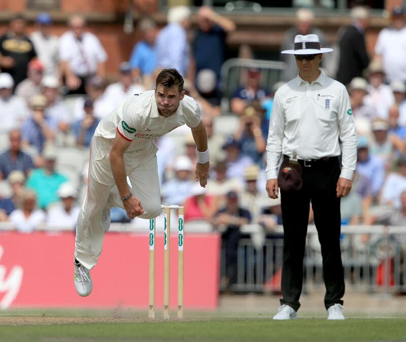 MANCHESTER, ENGLAND - JULY 23:  James Anderson (L) of Lancashire bowls during day two of the Specsavers County Championship division one match between Lancashire and Yorkshire at Emirates Old Trafford on July 23, 2018 in Manchester, England. (Photo by Clint Hughes/Getty Images)
