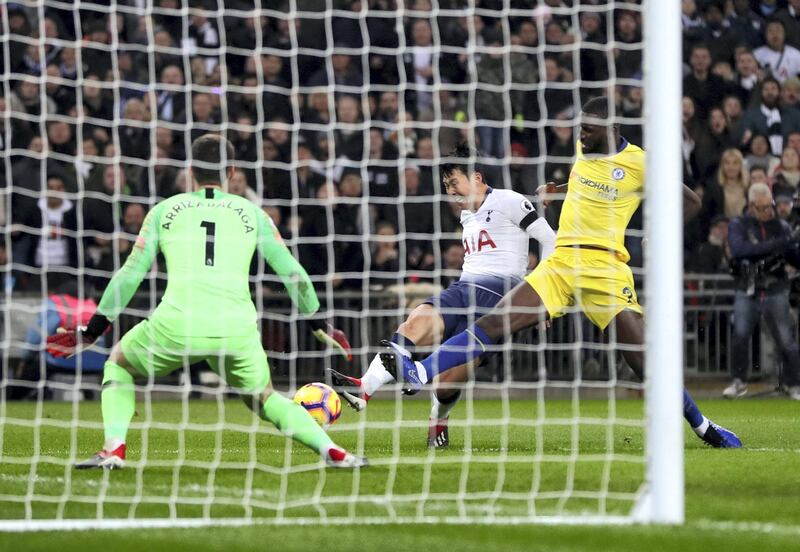 LONDON, ENGLAND - NOVEMBER 24: Heung-Min Son of Tottenham Hotspur shoots during the Premier League match between Tottenham Hotspur and Chelsea FC at Tottenham Hotspur Stadium on November 24, 2018 in London, United Kingdom.  (Photo by Tottenham Hotspur FC/Tottenham Hotspur FC via Getty Images)