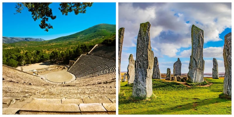 Left, Greece's fourth-century Ancient Theatre of Epidaurus; right, Scotland's Standing Stones, which date back to 1800 BC. Photo: Exodus Travels; Bright Water Holidays