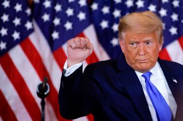 FILE PHOTO: U. S.  President Donald Trump raises his fist as he reacts to early results from the 2020 U. S.  presidential election in the East Room of the White House in Washington, U. S. , November 4, 2020.  REUTERS / Carlos Barria / File Photo