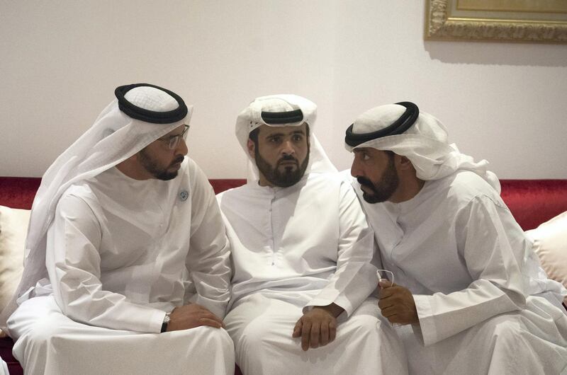 ABU DHABI, UNITED ARAB EMIRATES - July 02, 2018: HH Sheikh Hamdan bin Zayed Al Nahyan, Ruler’s Representative in Al Dhafra Region (L) offers condolences to the family of the late Mubarak bin Garran Al Mansouri. 

( Hamad Al Kaabi / Crown Prince Court - Abu Dhabi )
---