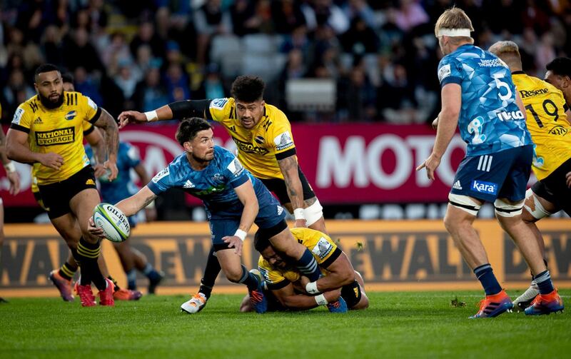 Auckland Blues player Otere Black, centre, during the Super Rugby match at the Eden Park. AP