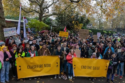 Hundreds of members of the Jewish community attend a rally in Victoria Embankment Gardens organised by Na'amod UK to call for a ceasefire in Gaza, for Israeli and Palestinian 'hostages' to be exchanged and for an end to the siege of Gaza, on November 19, 2023. Getty Images