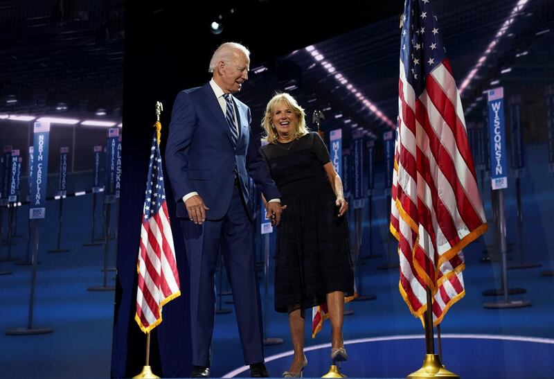 Democratic presidential candidate and former Vice President Joe Biden and his wife Jill Biden are seen after U.S. Senator Kamala Harris (D-CA) accepted the Democratic vice presidential nomination during an acceptance speech delivered for the largely virtual 2020 Democratic National Convention from the Chase Center in Wilmington, Delaware, U.S. REUTERS