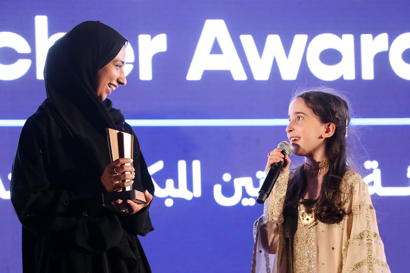 Mariam Aljaberi, of Mubarak Bin Mohammed School, wins Outstanding Teacher, Early years and Primary, at the Adek Awards at Emirates Palace, Abu Dhabi. All photos: Chris Whiteoak / The National