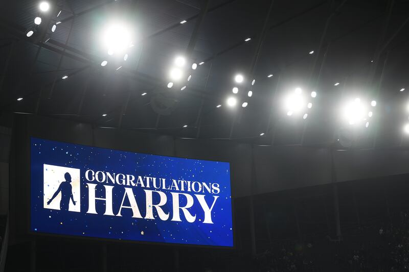 The LED board shows a message of congratulations to Harry Kane of Tottenham Hotspur. Getty Images