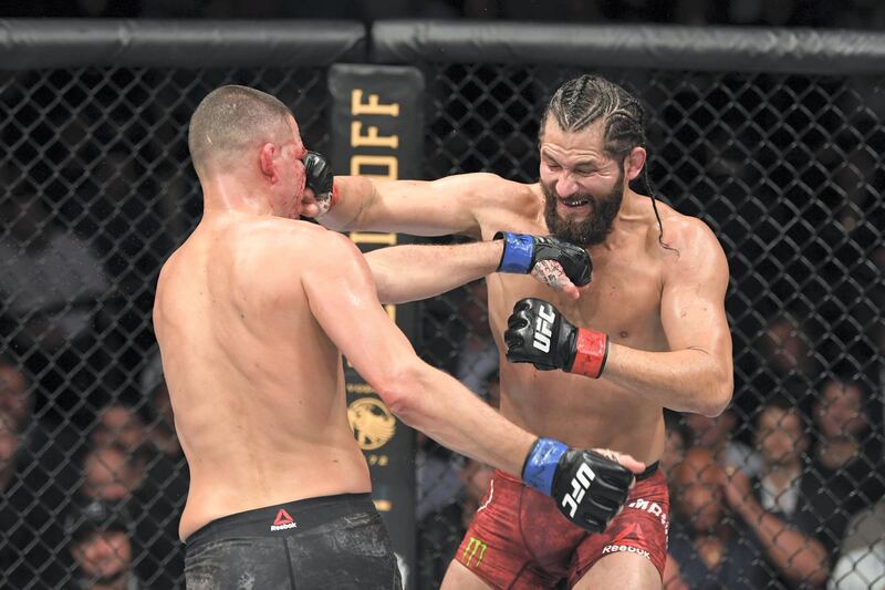 NEW YORK, NEW YORK - NOVEMBER 02: (R-L) Jorge Masvidal and Nate Diaz exchange punches in their welterweight bout for the BMF title during the UFC 244 event at Madison Square Garden on November 02, 2019 in New York City. (Photo by Josh Hedges/Zuffa LLC via Getty Images)