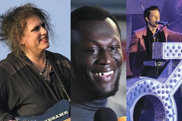 From left to right: Robert Smith of The Cure; Stormzy; and Brandon Flowers from The Killers. These are the three headline acts at Glastonbury 2019. PA Images