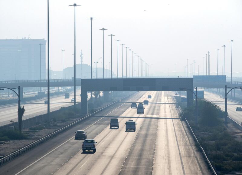 Foggy weather along the E10 highway in Abu Dhabi on June 4th, 2021. Victor Besa / The National.