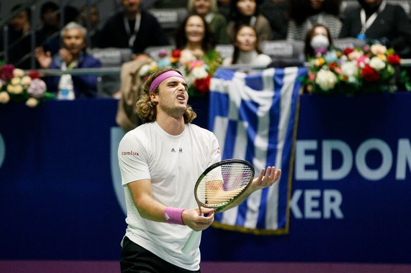 Stefanos Tsitsipas reacts during the final. AFP