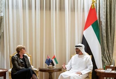 ABU DHABI, UNITED ARAB EMIRATES - July 14, 2019: HH Sheikh Mohamed bin Zayed Al Nahyan, Crown Prince of Abu Dhabi and Deputy Supreme Commander of the UAE Armed Forces (R), meets with The Honourable Linda Reynolds, Minister of Defence of Australia (L), at Al Shati Palace.

( Mohamed Al Hammadi / Ministry of Presidential Affairs )
---