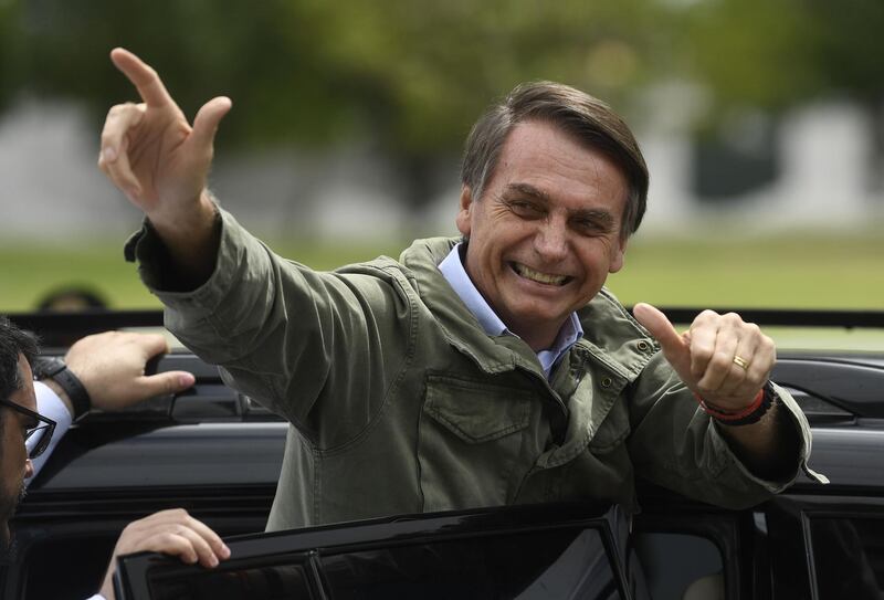 (FILES) In this file picture taken on October 28, 2018 Jair Bolsonaro, far-right lawmaker and presidential candidate for the Social Liberal Party (PSL), gives thumbs up to supporters, during the second round of the presidential elections, in Rio de Janeiro, Brazil. Brazil's next president, Jair Bolsonaro, takes office on January 1, 2019 with promises to radically change the path taken by Latin America's biggest country by trashing decades of center-left policies. / AFP / Mauro PIMENTEL
