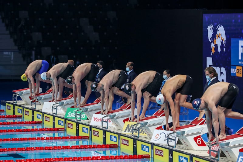 Swimmers on the opening night of FINA World Swimming Championships at Etihad Arena.
