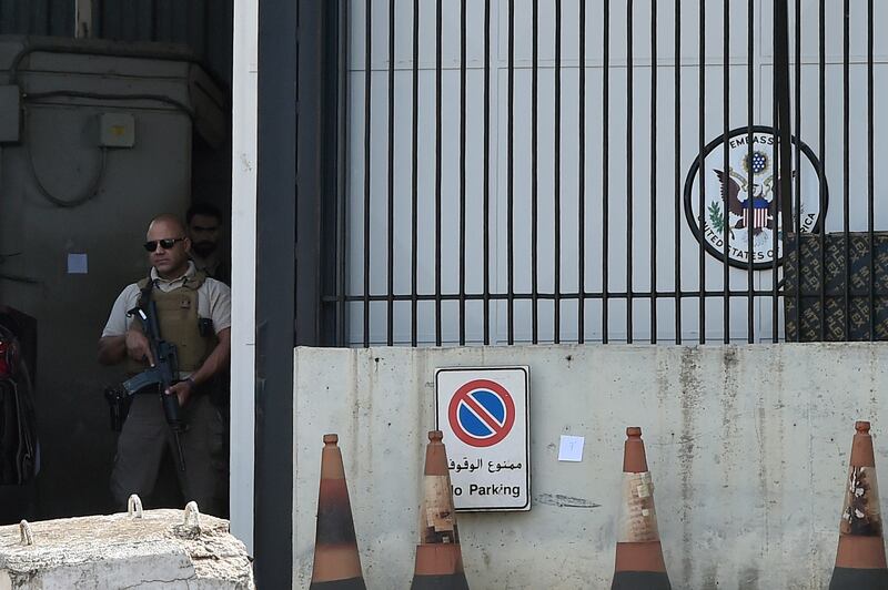 Security guards at the entrance of the US Embassy in Awkar, north of Beirut, on September 21. EPA