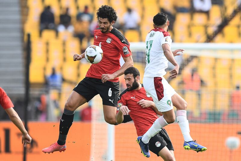 Egypt's defender Ahmed Hegazi wins the ball. AFP