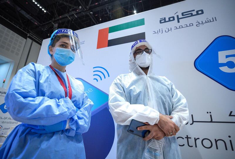 Abu Dhabi, United Arab Emirates, June 4, 2020.   
  Magham Shrike with fellow healthcare worker at the new Covid-19 Prime Assessment Center at ADNEC.
Victor Besa  / The National
Section:  NA
Reporter:  Shireena Al Nowais