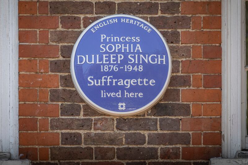 The blue plaque commemorating Princess Sophia Duleep Singh, daughter of the last ruler of the Sikh empire and suffragette, at Faraday House, Hampton Court, south-west London. PA