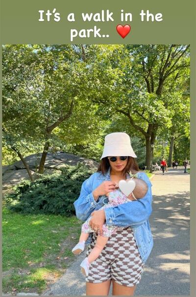 Priyanka Chopra walks in Central Park, New York, with her daughter Malti Marie. Photo: Instagram / Priyanka Chopra