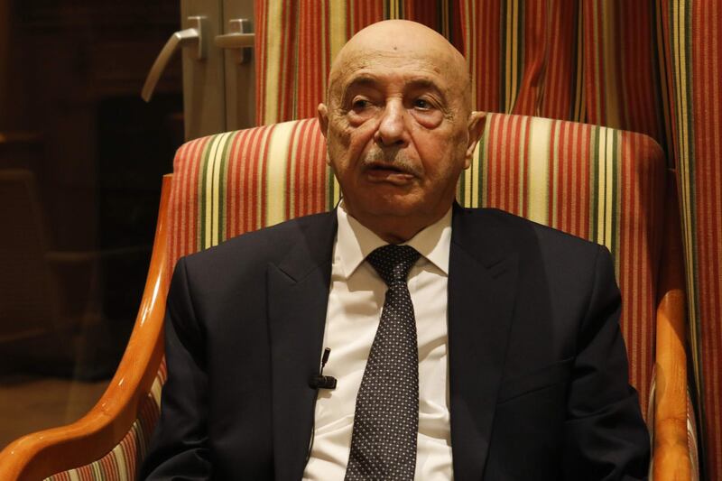 Aguila Saleh Issa, the head of Libya's parliament, speaks during an interview with AFP in the Cypriot capital Nicosia on December 28, 2019.  / AFP / Christina ASSI

