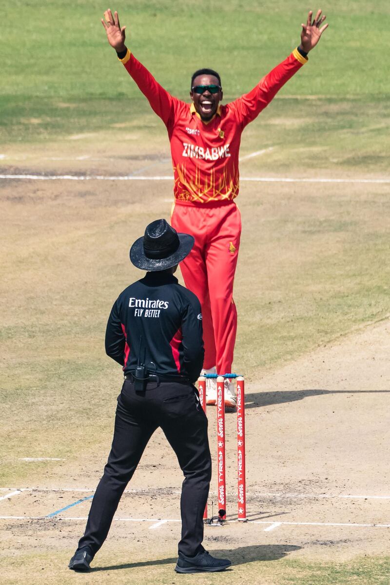Zimbabwe's Wellington Masakadza appeals for a wicket to umpire Iknow Chab in Harare. AFP