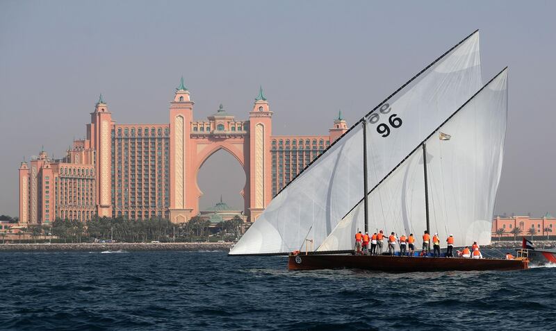 Al-Shaqi, owned by Shaikh Hamdan bin Mohammad, competes in the annual long-distance dhow sailing race, known as Al Gaffal, near Sir Abu Nair island.  AFP