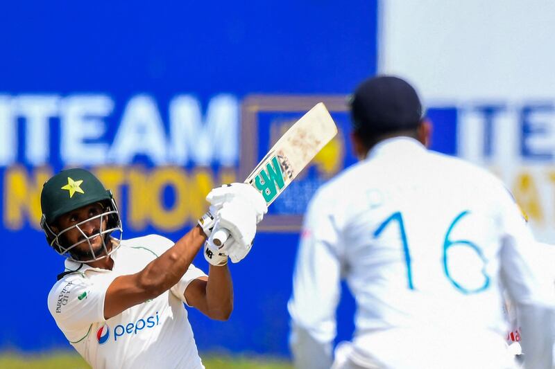 Pakistan’s Hasan Ali hit a couple of sixes in his brief innings. AFP