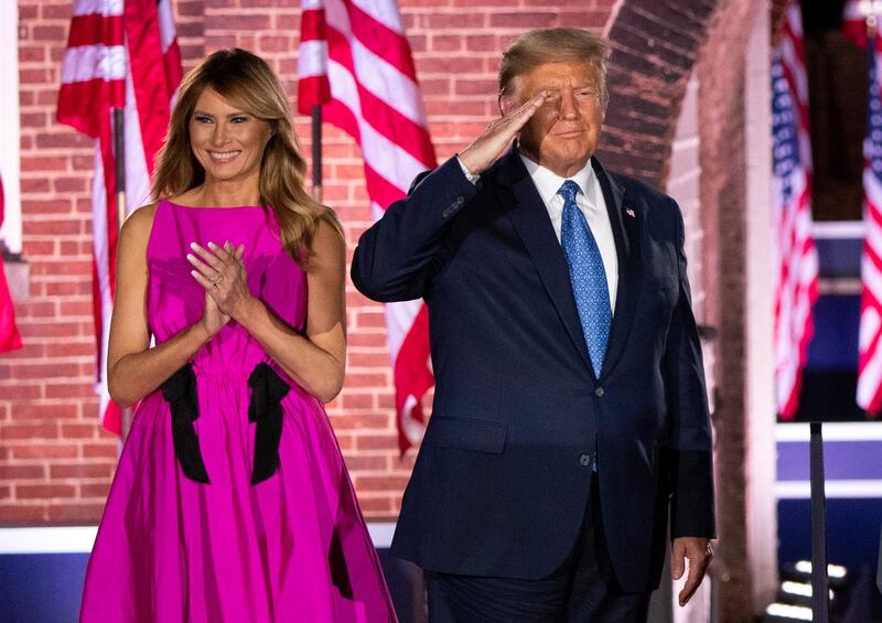 President Donald Trump and Melania Trump, in Jason Wu, on the third night of the Republican National Convention, at Fort McHenry in Baltimore, US, on August 26, 2020. EPA