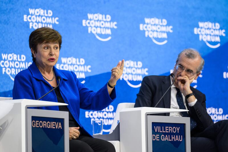 IMF managing director Kristalina Georgieva and governor of the Bank of France Francois Villeroy de Galhau attend a session at Davos. AFP