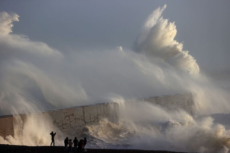 Waves in Newhaven with strong winds and rain from Storm Henk in much of southern England. AFP