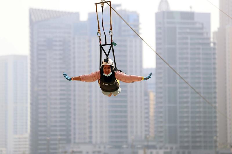 Dubai, United Arab Emirates - Reporter: N/A. Lifestyle. Maram Makki is one of the first people to come down the XLine Dubai in the Marina after re opening due to Covid-19. Wednesday, June 2nd, 2020. Dubai. Chris Whiteoak / The National