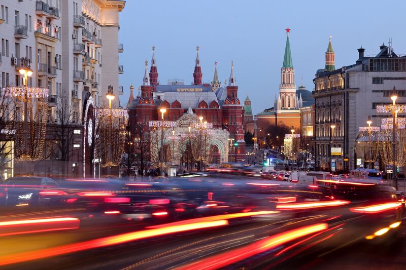 Light trails from heavy traffic on Tverskaya Street by the State Historical Museum in Moscow. The Bank of Russia doubled interest rates to try and shield the nation’s $1.5 trillion economy from sweeping sanctions that hit key banks and pushed the rouble to a record low. Bloomberg