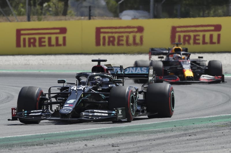 Mercedes driver Lewis Hamilton ahead of Max Verstappen of Red Bull at Barcelona's Circuit de Catalunya. EPA