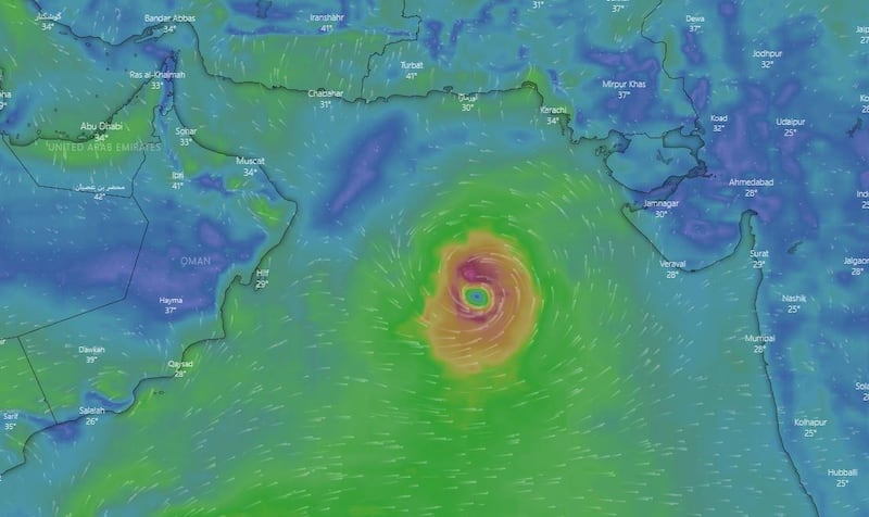 A chart from Windy.com shows the storm moving through the Arabian Sea towards Oman. Courtesy: Windy.com