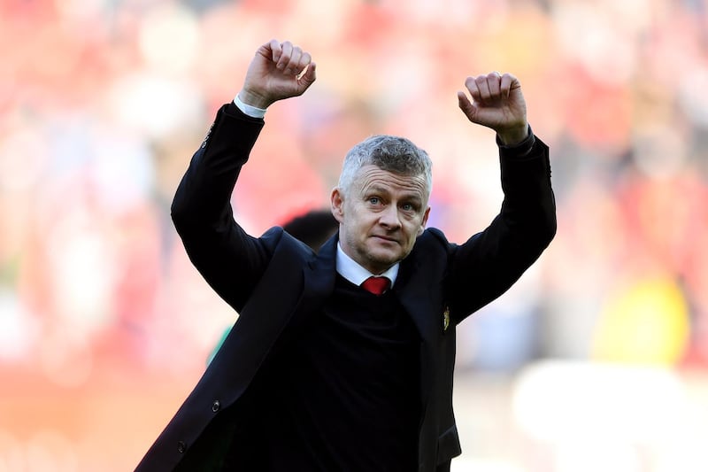 MANCHESTER, ENGLAND - MARCH 30:  Ole Gunnar Solskjaer, Manager of Manchester United celebrates following the Premier League match between Manchester United and Watford FC at Old Trafford on March 30, 2019 in Manchester, United Kingdom. (Photo by Shaun Botterill/Getty Images)