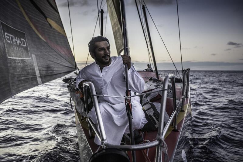 Emirati sailor Adil Khalid shown aboard the Azzam during the second leg of the Volvo Ocean Race. Matt Knighton / Abu Dhabi Ocean Racing / Volvo Ocean Race