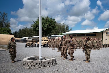 US airmen hold a flag-raising ceremony at Camp Simba, Manda Bay, Kenya in August.2019. The camp was targeted  by Somali militants on January 5, 2020. via AP